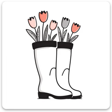 Rubber rain boots/wellington boots with tulip flowers sticking out from the top, in pastel colors (dd9fb0, ffc6d3, a3bfc9, c4bee2, f1b091), hand-drawn doodle style sticker