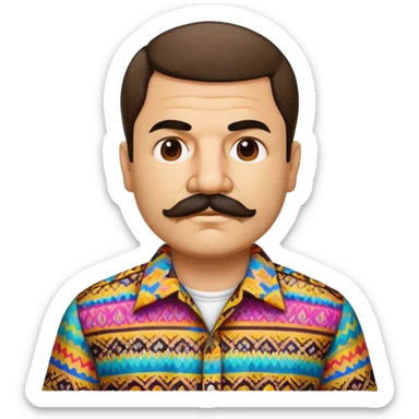 El Chapo character with mustache wearing a colorful patterned shirt sticker