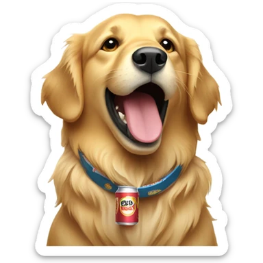 Golden retriever with a beer sticker