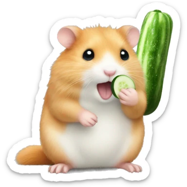 A fluffy red hamster eats a cucumber sticker