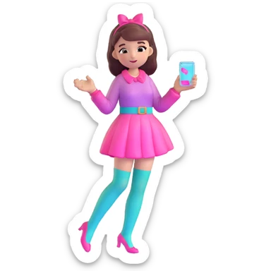 Cute girl character in stockings adjusting fashion accessory, pink gradient from bright pink to light pink, transparent glass style with highlights sticker