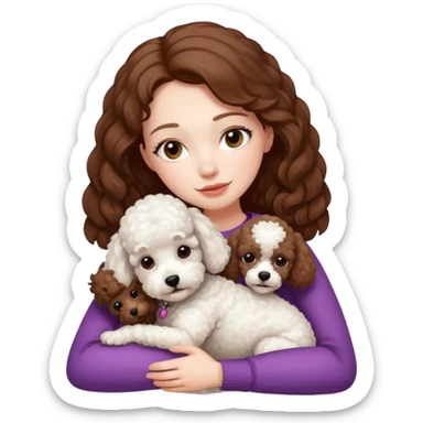 Beautiful woman with pale skin and brown hair hugging a white poodle dog sticker