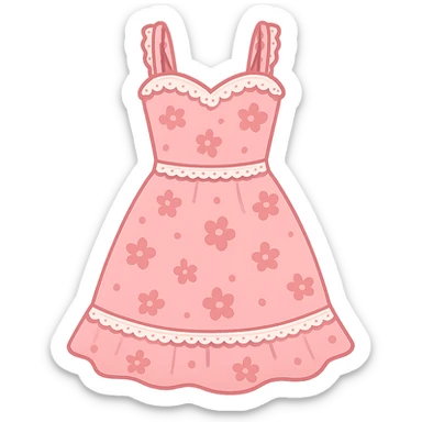 frilly lacey floral pink summer sundress, flat vector sticker