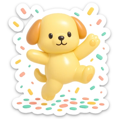 puppy jumping in confetti with paw up, vinyl figure style sticker