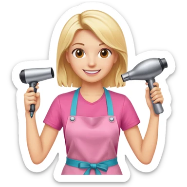 blonde female hairstylist smiling, pink t-shirt, orange apron, hands up, holding scissors and hairdryer clearly shown sticker
