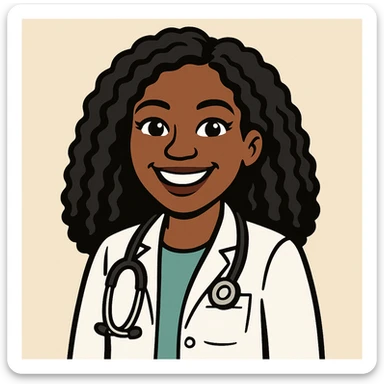 bitmoji style African American woman doctor wearing a white coat and stethoscope, smiling sticker