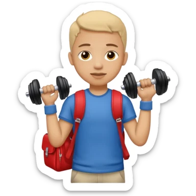 light skin student with school bag on back and dumbell in hand sticker