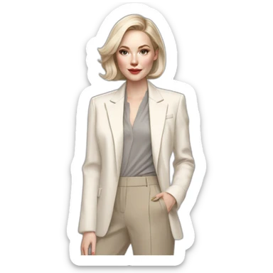 pale skin woman with ash blonde Straightened bob Hair, White Spacious classical jacket, beige palazzo Arrow pants and gray blouse holding RAL colour palette in the hands sticker