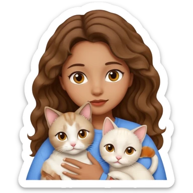 brown girl, brown eyes, wavy hair, cuddling a siamese cat and a white cat, emoji style sticker