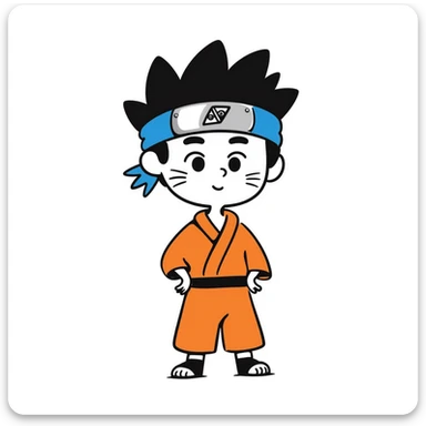 A blonde ninja boy with spiky hair, whisker marks on cheeks, orange outfit, and blue headband with metal plate sticker