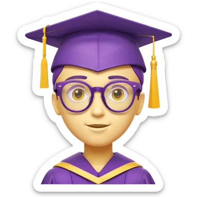 Create a fun and intelligent text bot character with a sleek, futuristic design. The bot should have a vibrant personality and be styled in shades of purple and yellow. It wears a stylish pair of glasses, symbolizing wisdom and tech-savviness, and a graduation cap to represent knowledge and learning. The bot should have a friendly, approachable expression with a subtle glow, giving it a smart and interactive vibe. Keep the design modern, playful, and engaging—perfect for an AI-powered learning assistant. sticker
