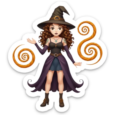 full body view of a woman with long curly brown hair, brown eyes, white skin, tattoos, hands on hips, unimpressed witch stance, psychedelic background swirl sticker