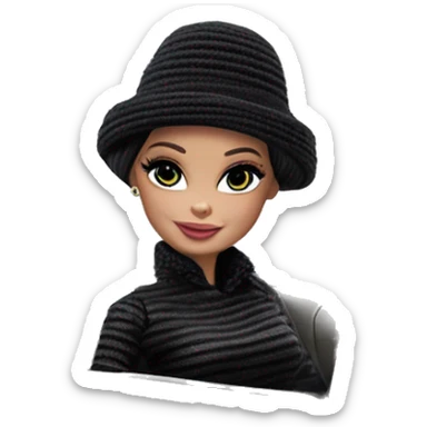 Bouclé Beauty Barbie, 1965 Wednesday Addams from academy, in dark-gray and black striped outfit with hat. Smiling Driving Mercedes convertible sports car  sticker