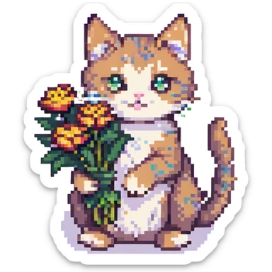 a cheerful cat with flowers in its paws, pixel art style sticker