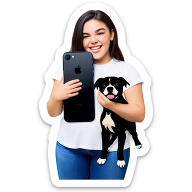 Beautiful young girl, slightly overweight with long dark hair that’s choppy cascading over her shoulders as she holds her black iPhone, and she has her beautiful dog mix of a pitbull with an under bite standing beside her sticker