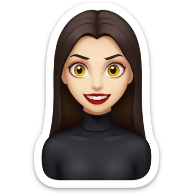 menina bronzeada com cabelos lisos escorridos longos castanho escuro dentes de vampiro olhos grande e amarelados boca carnuda aavermelhada sorriso maroto roupa preta com gola alta cilios grandes sticker
