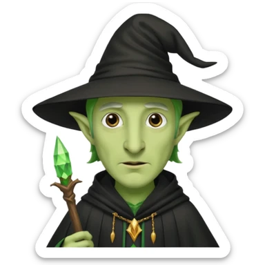 Green-skinned male wizard with a long nose, wearing a black hat and robe sticker
