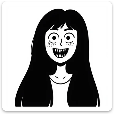 japanese horror style woman with extremely long black hair, pale white face, wide unblinking eyes, and a distorted mouth filled with hundreds of sharp jagged teeth sticker