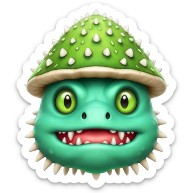 poisonous mushroom monster portrait, head and shoulders only, animal-like creature, mushroom cap head with spikes, toxic green glow, beast-like eyes, furry neck details, monstrous but cute fantasy vibe, 3D cartoon, mobile game icon style, clean background, no text, no watermark

 sticker