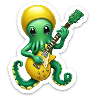 A cute green octopus holding a "les paul" yellow guitar and playing hard rock sticker