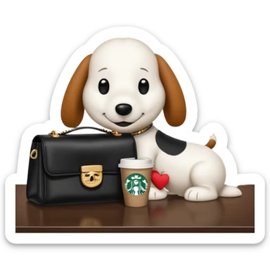 snoopy in a desk with starbucks and his chanel purse sticker