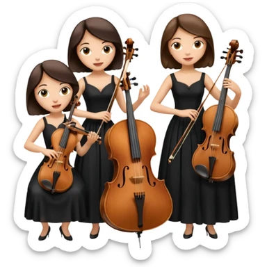 Create an imagine of three brunette women playing string instruments in black dresses, the first is playing a cello, the second is playing a viola and the third is playing the violin sticker