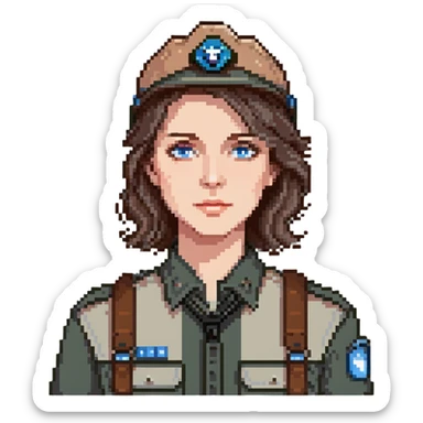 white woman park ranger with blue eyes and brown and gray hair sticker