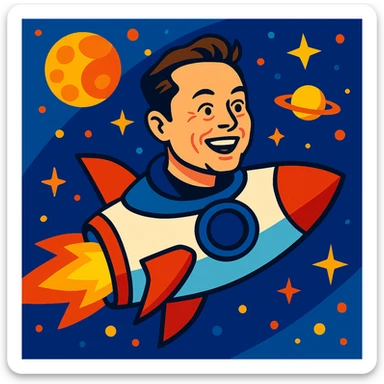 Elon Musk in a rocket ship, playful style, vibrant colors sticker