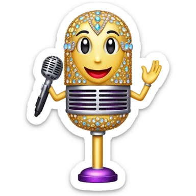 Create a glamorous and vibrant emoji representing stage vocal performance. The design should feature a classic vintage microphone at the center, surrounded by an eye-catching stage costume covered in rhinestones, sparkling brightly. The costume should be stylized, with glittering elements like sequins and sparkles, and reflect the glitzy, extravagant nature of show business. The microphone should have a sleek, retro look with chrome or metallic accents. Use rich, dazzling colors like gold, silver, deep purple, and bright red to evoke the glamorous, larger-than-life feel of a stage performance. The background should be transparent. sticker