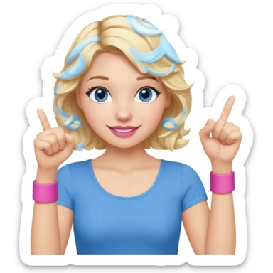 Girl Blonde short wavy hair,  blue eyes, cute blue top, long lashes, pink lips, smiling, fist bump sticker