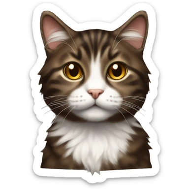 Fluffy dark brown tabby cat with a white nose sticker