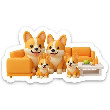 Change the dog family to a corgi breed, keep the modern family room scene, in the style of 3D emoji style, with no background. sticker