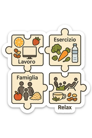 Puzzle (Lavoro, Esercizio, Famiglia, Relax), in lavoro metti icona di un PC, in Esercizio un Manubrio, in Famiglia una famiglia, in Relax qualcuno che riposa and healthy foods are integrated into each piece. in italiano sticker