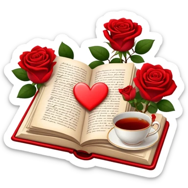 Icon for Romance Reading: an open book with a heart-shaped bookmark, surrounded by roses, a love letter, and a cup of tea. The icon should evoke the warmth, passion, and emotional depth of a love story. Transparent background sticker
