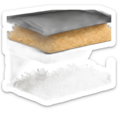 Black cubic plastic container with wood shavings inside sticker