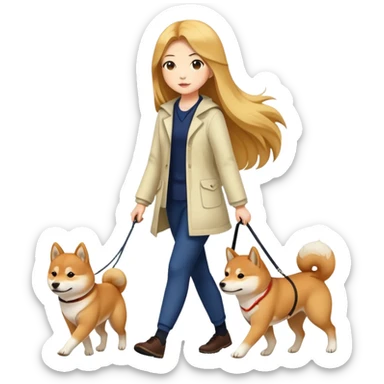 Long-haired beautiful girl walking the Shiba Inu sticker