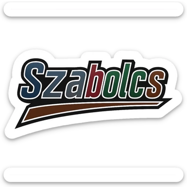 Text image of the name 'Szabolcs' in a masculine, modern, gradient font with precise Hungarian characters, dark contour, extra thick, prominent white border as in sample images, dynamic slanted underline, masculine color shades (blue, gray, burgundy, green, brown), 1000x1000 px, PNG, transparent background. sticker