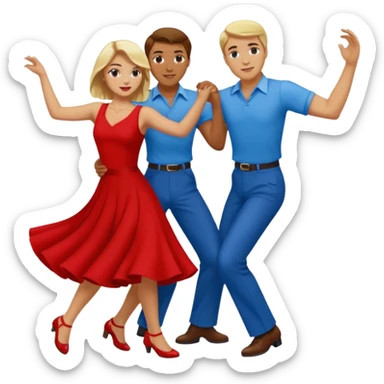 Two people. Man wearing all  RED with brown hair. Women  ALL blue with blond hair. Swing Dancing.  sticker