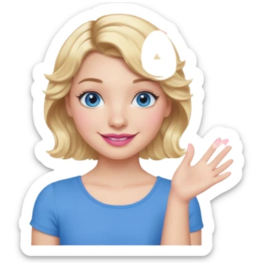 Girl Blonde short wavy hair,  blue eyes, cute blue top, long lashes, pink lips, smiling, one hand 🤷🏼‍♀️  sticker