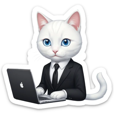 white cat with blue eyes in a black suit with black tie and laptop sticker