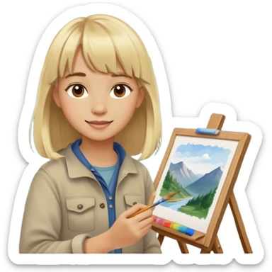 happy young painter with blond hair and bangs draws copy from life in the mountains sticker