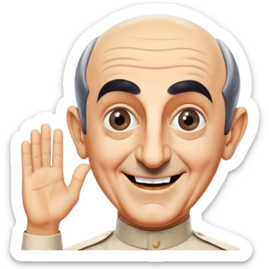 Icon for Comedy Movie: A vintage movie poster-style design with a humorous scene—Louis de Funès in his iconic comedic pose, exaggerated facial expression, and wide-open eyes. Include a slapstick element like falling over or interacting with a funny prop. Retro cinematic feel. Transparent background. sticker