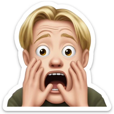macaulay culkin from Home Alone, putting both hands on his face and screaming of fear. bring the hands down lik he is putting on his cheeks. sticker