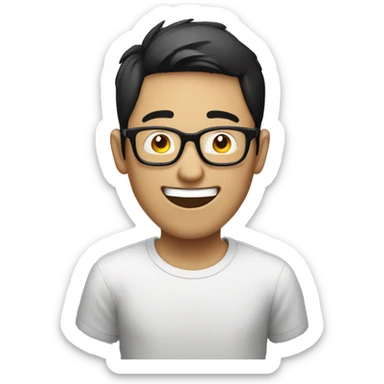 asian guy with black and glasses uy laughing with computer sticker