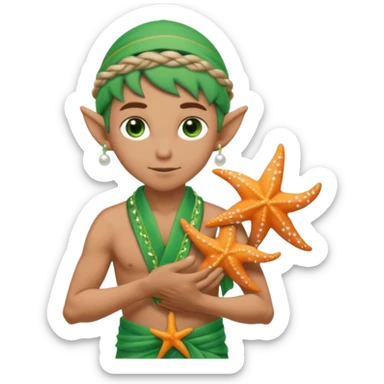 elf male Sarong with bioluminescent embroidery, armful of starfish, hair in a braid with pearl pins. sticker