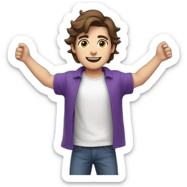 young french man, arms up, brown hair, purple t-shirt, white skin, head large sticker