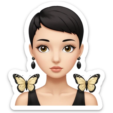 Lady with black buzz cut hair and lashes wearing 4 black earrings holding white butterfly sticker
