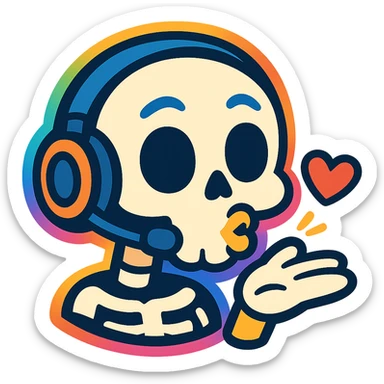 a cartoon skull blowing a kiss, with a rainbow aura and headset, vibrant toon style, for a fun gaming group sticker