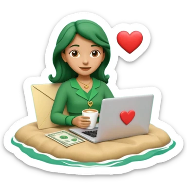 3D clay character relaxed with laptop and coffee, floating icons (envelope, heart, dollar), deep green (#0B3D2C) outfit, gold icons, cream laptop, Pixar style, transparent background sticker