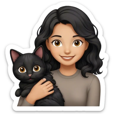 tan girl with black wavy hair holding a black cat happy sticker